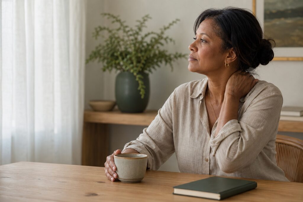 Alt text: Woman sitting quietly with a cup while gently holding the base of her neck.