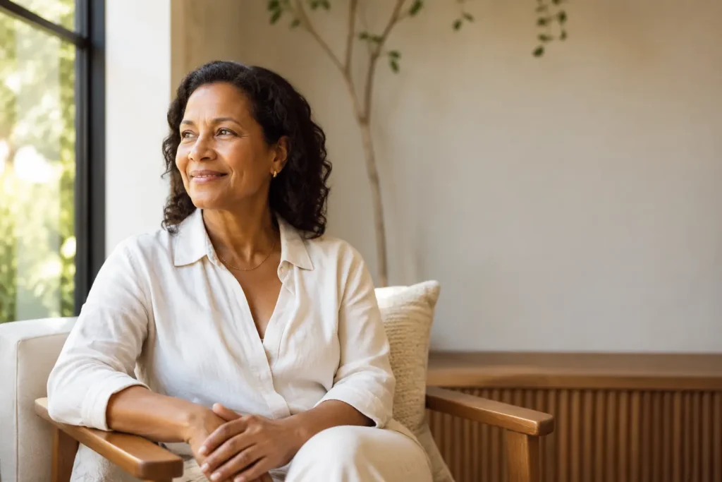 Woman sitting calmly in daylight, awake and relaxed rather than drowsy
